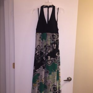 Green Multi-Colored Tie Halter Dress